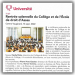 Viuel de l'articl sur la rentrée solennelle 2022 du Collège de droit et de l'école de droit Viuel de l'articl sur la rentrée solennelle 2022 du COllège de droit et de l'école de droit